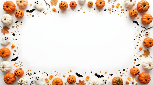Halloween festive border with pumpkins ghosts and candy flat lay