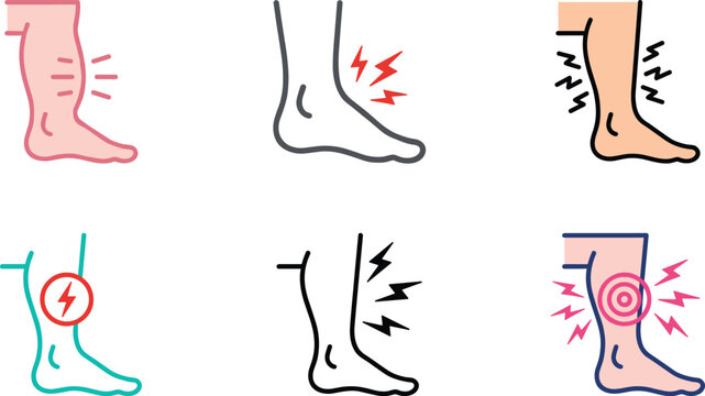 Vector set of leg pain and cramp icons, human foot ache linear elements isolated on white background