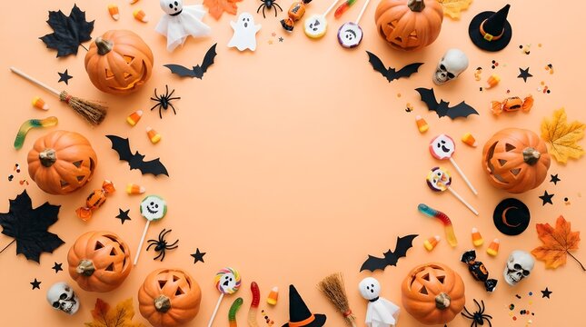 Festive halloween decorations layout with pumpkins ghosts and candy