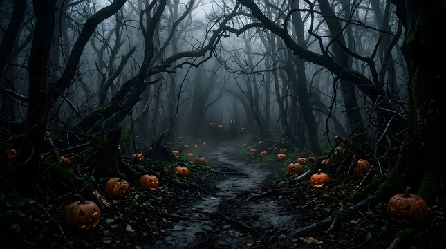 Eerie halloween forest path with jack o' lanterns and glowing eyes