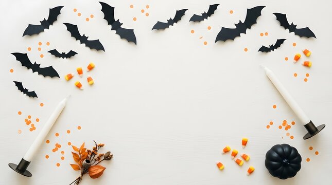 Halloween decorations flat lay with bats candy corn and candles