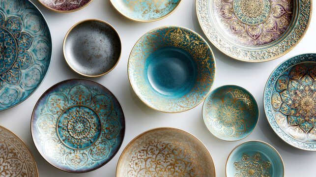 Fancy plates and bowls sit on white.