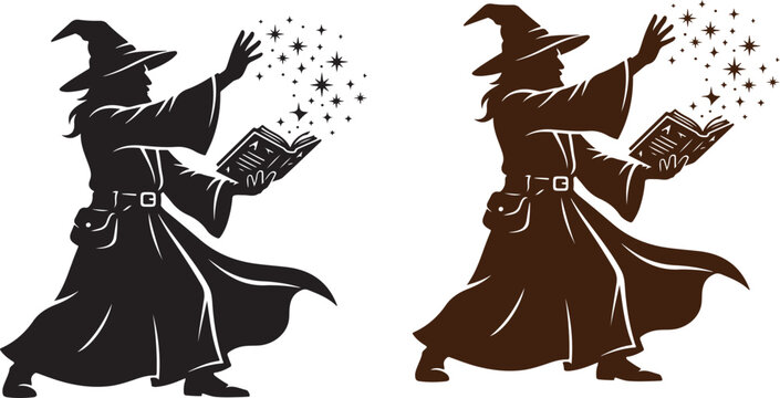 Wizard casting magic spell with glowing stars and open book silhouette sorcerer witchcraft illustration mystical enchantment wizardry character halloween isolated mysterious grimoire