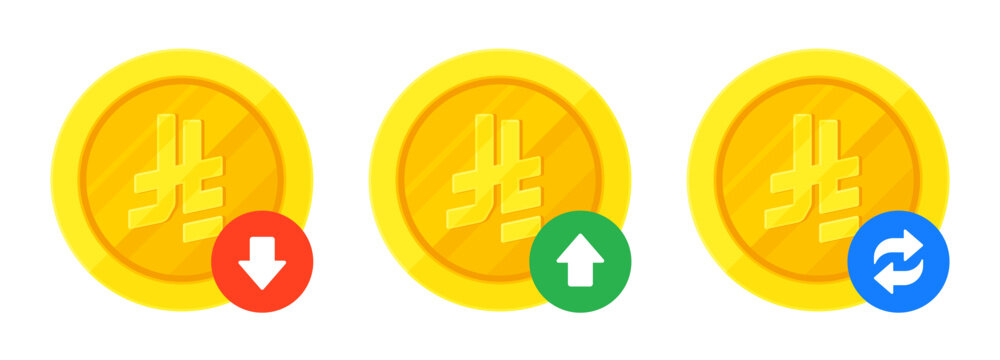 Set of Saudi riyal (⃁) gold coins, arrows for increase, decrease, transaction. Finance, currency, fluctuation, SAR exchange concept. Flat vector illustration isolated on a white background