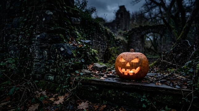 Illuminated jack o' lantern in a spooky forest setting for halloween