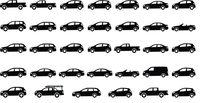 Vector set of various car silhouettes, different side view automobile models isolated on white background