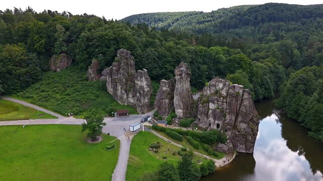Externsteine Rock Formation Hyperlapse Aerial View Orbiting The Full