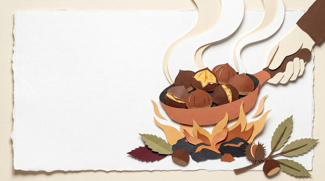 Hand holding roasting chestnuts in pan over fire with leaves  