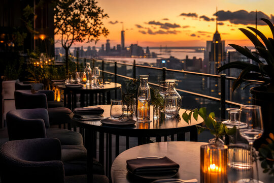 Contemporary Cafe Dining Rooftop Lounge Sunset With Gold Reflections And Greenery