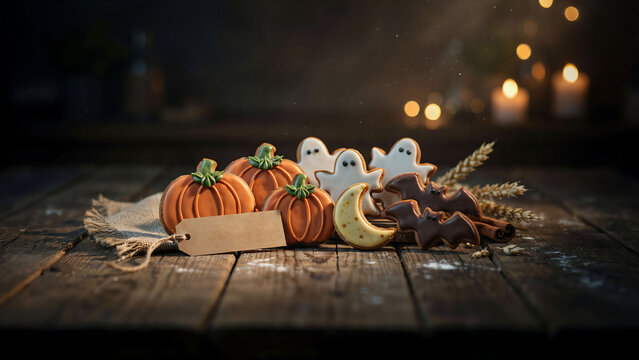 Spooky halloween treats pumpkin ghost and bat cookies on rustic wood