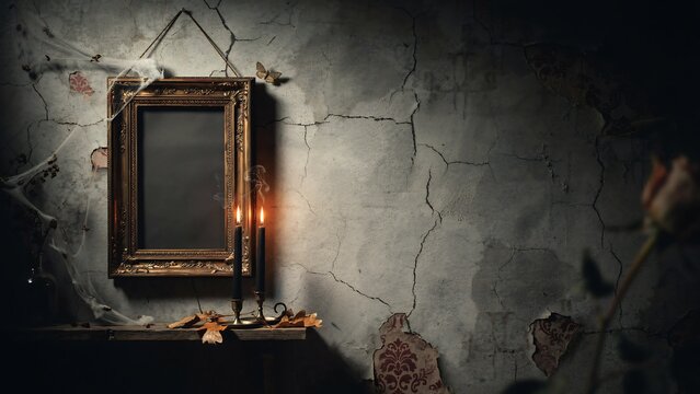 Spooky halloween still life antique mirror candles and cobwebs for creepy decor