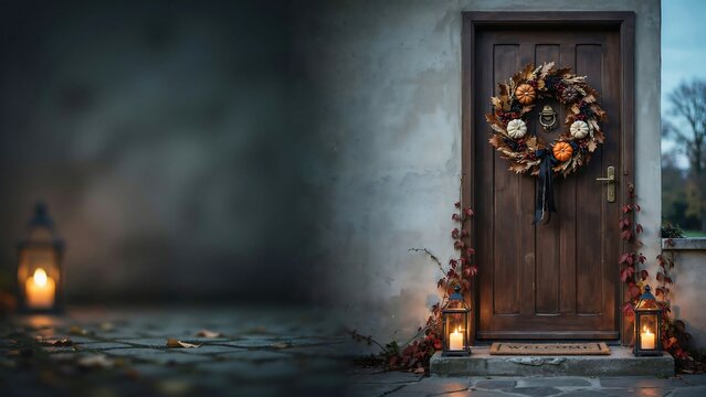 Festive halloween door decor autumn wreath lanterns welcoming halloween entrance