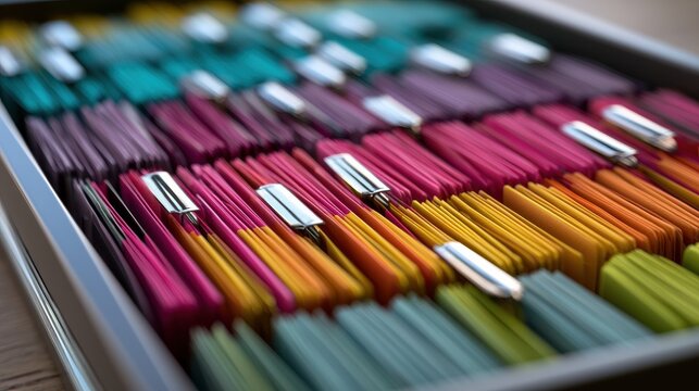 A close-up view of colorful hanging file folders in an office filing cabinet. These organized records represent professional document management and corporate efficiency.