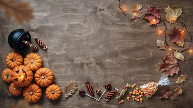 Festive halloween still life pumpkins candy and autumn leaves on wooden background