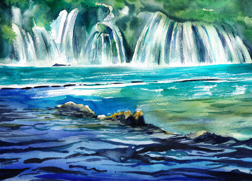 Watercolor painting of a beautiful cascading waterfall in a lush green forest