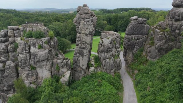 Aerial Push Toward Externsteine Central Rock Gap