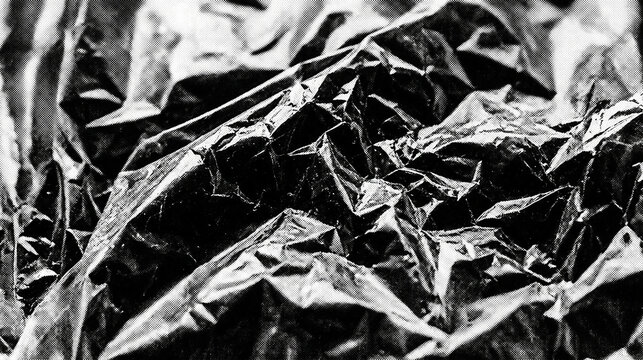 Black and white high contrast halftone grunge texture of crumpled foil with halftone crumpled contrast abstract monochrome distressed metallic crinkled background distorted material
