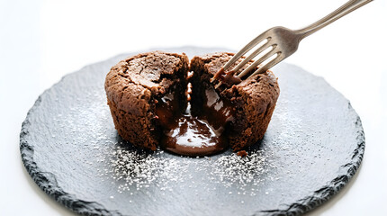 Fototapeta premium A delicious chocolate lava cake being served on a slate plate, isolated on white background. Perfect for restaurant menus and gourmet food.