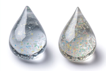Obraz premium Two clear droplets filled with colorful microplastic particles.