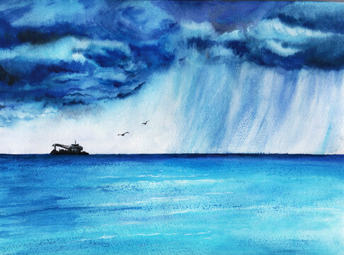 Watercolor painting of a ship sailing on the sea under a dramatic stormy sky with heavy rain
