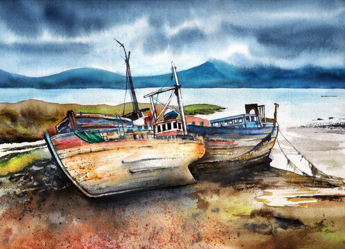 Watercolor painting of old wooden fishing boats abandoned on the sandy beach