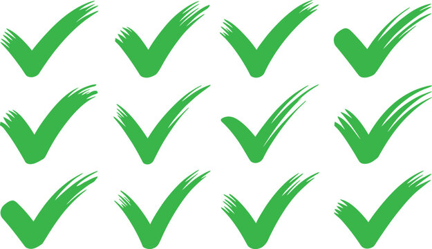 Twelve green check mark symbols with a rough brush stroke texture, arranged in three rows, isolated on a white background, for use in, forms and checklists
