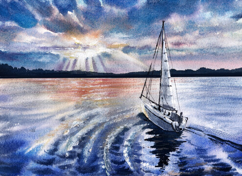 Watercolor painting of a sailboat sailing on a calm sea under dramatic sun rays