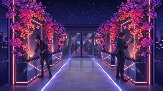 Neon Bougainvillea Rooftop Lounge Entrance With Event Staff