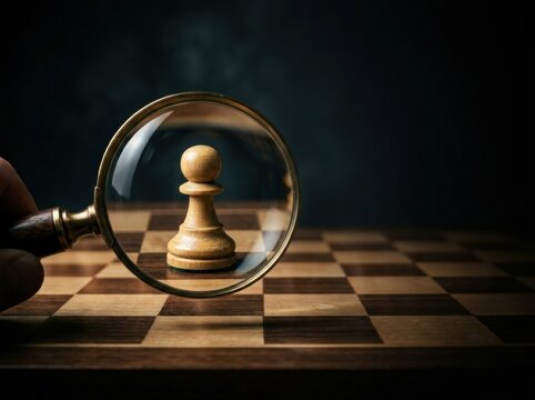 Magnifying glass focusing on chess pawn on wooden chessboard for Chess Day  