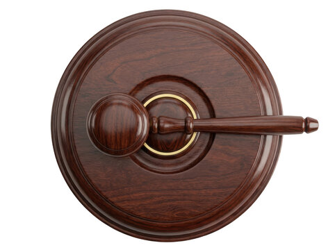 Top view of a wooden judge gavel and sound block on a clean desk isolated on transparent background