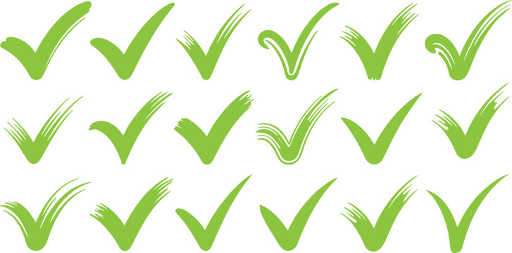 Collection of eighteen light green check mark symbols with varied brush stroke textures, arranged in three rows, isolated on a white background, for ui
