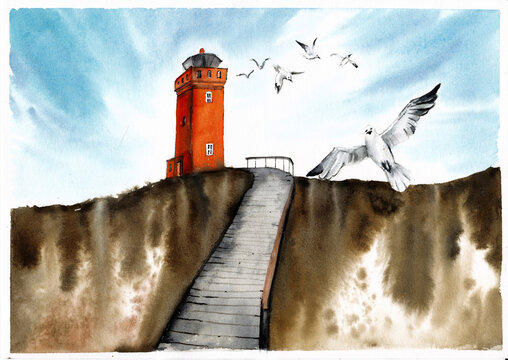 Watercolor painting of a picturesque red lighthouse on a cliff with a flying seagull