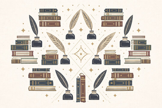Symmetrical Vintage Pattern with Old Books Quill Pens and Inkwells Mystical Literary Illustration Featuring Antique Stacks of Hardcover Books