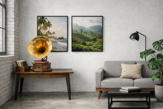 Minimalist Living Room Mockup with Grey Sofa and Vintage Gramophone Modern Loft Interior with Poster Frames on Concrete Wall