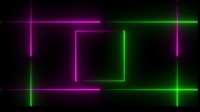 Neon Lights motion green and pink color loops square motion draws on black background linear lamp Beautiful abstract square light line moving fast Colors.