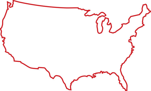 Red outline map of the contiguous united states on white background
