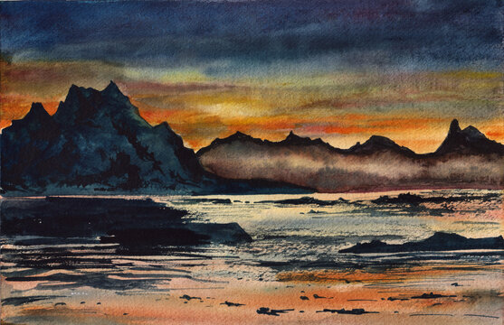 Watercolor painting of a dramatic sunset over majestic mountain peaks and a calm lake