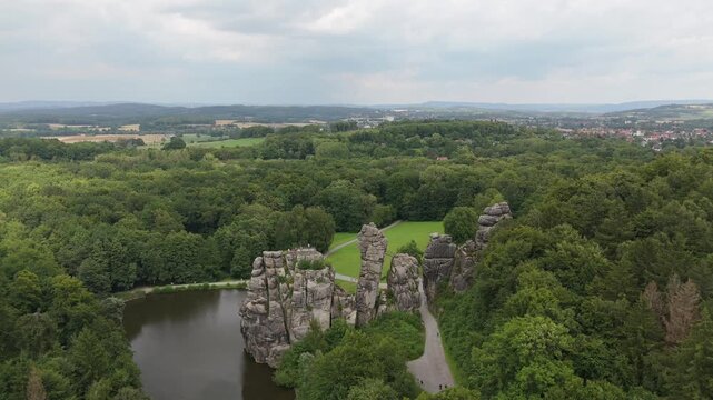 Externsteine Rocks Aerial View Under Hazy Sky