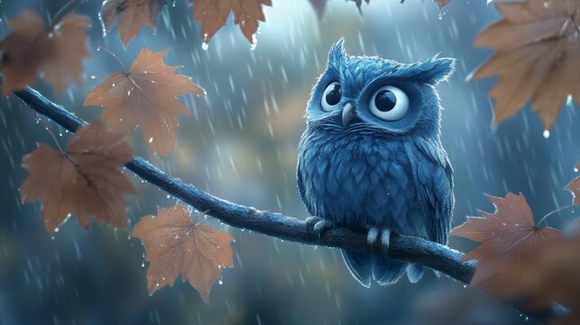 Cute blue owl perched on a branch in the rain, surrounded by autumn leaves. (1)