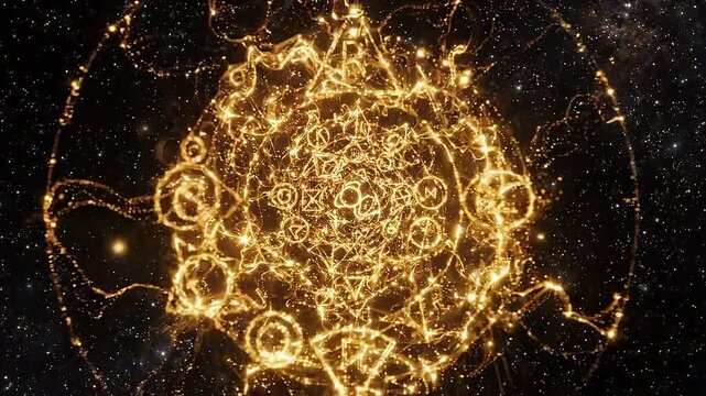 Golden glowing magical circle expands against starry space with intricate runes and particle sparks, forming ornate mystical emblem as radiant lines pulse and swirl in dark cosmic background