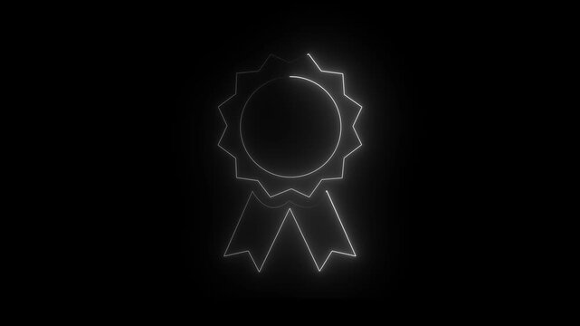 Neon white color Ribbon Award Icon on Black Background. Neon badge medal icon.
