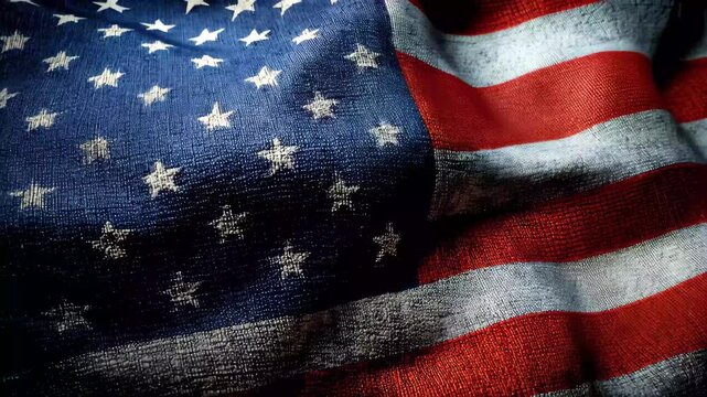 Waving American flag with stars and stripes showing fabric texture in the background during daylight