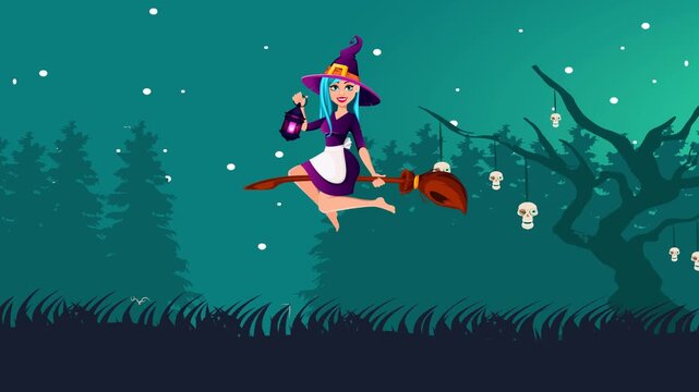 2D Witch Flying on Broomstick Across Night Sky with Full Moon