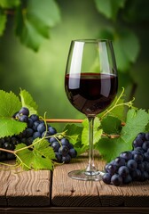Obraz premium A clear crystal wine glass filled with deep red wine stands on a rustic wooden table amidst lush green grapevines and ripe purple fruit, wine, scenery, transparent