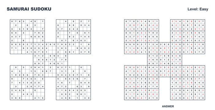 Samurai Sudoku Solution Page - Easy Level 5-Grid Number Puzzle with Answer Key