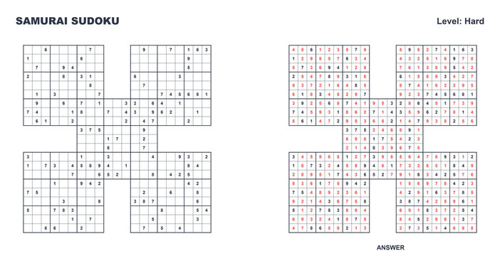 Samurai Sudoku Solution Page - Hard Level 5-Grid Number Puzzle with Answer Key