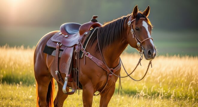 A majestic chestnut horse stands in a sunlit meadow wearing a traditional western leather saddle and bridle, surrounded by golden grass, tail, liberty, mammal