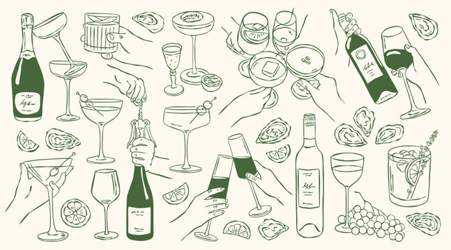 Minimalist hand-drawn popular cocktail vector illustrations in sketch style for greeting cards, wedding invites, posters, branding, logo design, backgrounds, and modern creative projects.