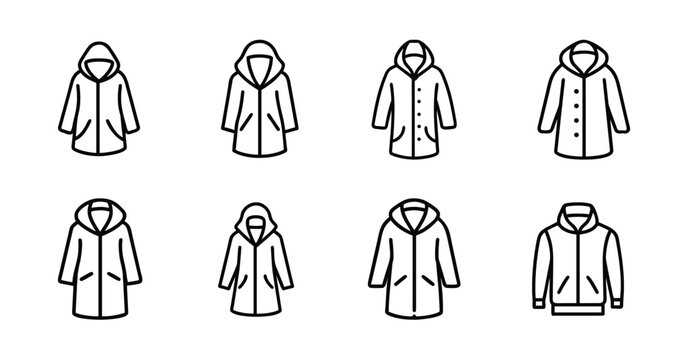 Winter coat and hooded jacket apparel line icons set, hooded parka coat, zipped hoodie jacket, buttoned trench coat & more vector illustration with editable stroke