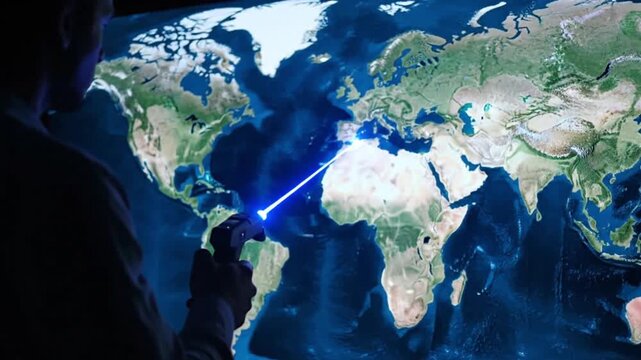 Person observing illuminated world map with connecting lines in dark room